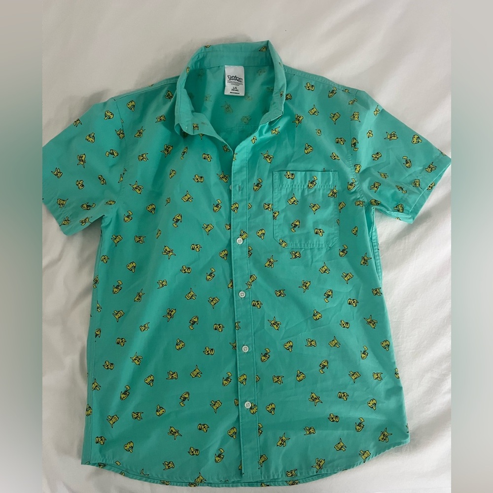Pokemon Shirt Mens Large Green Pikachu Button Up Short Sleeve Casual 2016 Anime